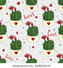 Love for succulents fashion seamless illustration. Fashionable stylish pattern cactus, heart. Print for wrapping paper. textiles, preparation for designers. 