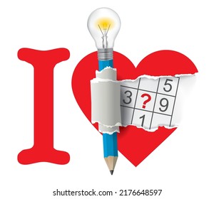 

I love sudoku, heart symbol.
Torn paper heart with  sudoku game  and smart Pencil with bulb. Isolated on white background. Vector available.