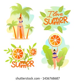 I Love Summer Banners Set. Summertime Mood, Women in Swimsuits Dancing and Posing on Beach Near Palm Trees. Active Lifestyle, Leisure on Exotic Resort. Cartoon Flat Vector Illustration, Flyer, Icon.