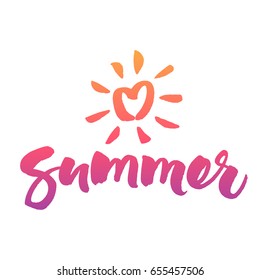 Love Summer brush calligraphy and sun icon. Vector hand lettering isolated on white background.
