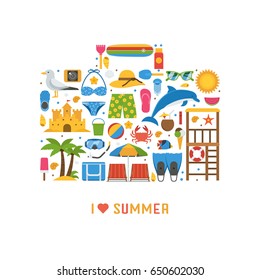 Love summer concept with beach icons stylized in travel suitcase. Sea vacation or summer holidays background with sunbathing accessories and water sports and activity icons.