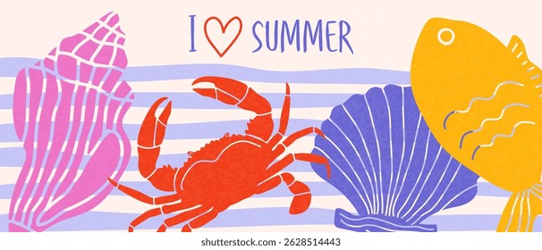 I love summer, creative banner or poster with hand drawn sea attributes. Vector.