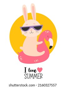 I love summer. Cute funny bunny in sunglasses on flamingo waterproof rubber ring. Vector illustration. Summer character beach hare tourist. For design, print, postcards, flyers, cards and print