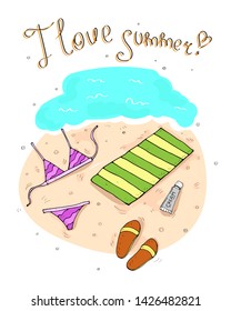I love summer. Cute vector card with sea, beach and swimsuit
