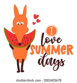 I love summer days - Hand drawn cute fox illustration with watermelon. Good for posters, greeting cards, banners, textiles, gifts, shirts, mugs or other gift. Scandinavian style flat design. 