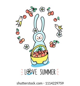Love summer greeting card. Bunny rabbit holds full basket of sweet cherry.  Little birds pick berries and blooms and fly around. Cute hand drawn characters and graphic elements arranged in circle. 