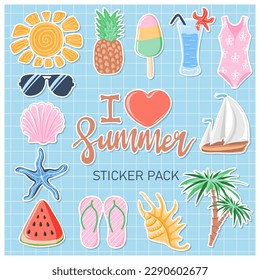 I love summer. Hand drawn summer sticker pack with different seasonal elements. Tropical vacation. Summertime doodle icons. Vector illustration