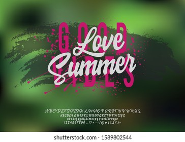 Love Summer. Hand made script font. Vacation summer time. Waikiki beach. Vector illustration. Retro typeface and logo. Summer style.