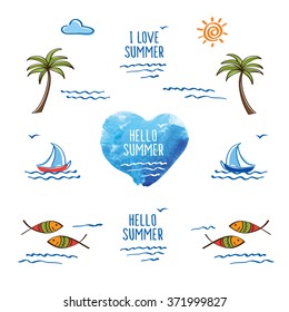 I love summer. Hello summer. Blue watercolor heart. Palm trees, sun, sea, fish and heart for your design. Doodles, sketch. Vector illustration.