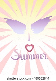  I love Summer - lettering. Abstract sun or a woman face. Vintage rising sun, sun burst retro background. Vector illustration