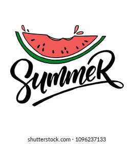 I love Summer letting handwriting quote and watermelon. Emotional print with watermelon hand writing quote. Vector illustration with slices of watermelons.