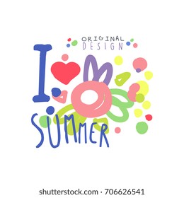 I love Summer logo template original design, colorful hand drawn vector Illustration with floral elements