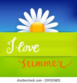 I Love Summer. Original custom hand lettering and summer background. Handmade calligraphy, vector. Illustration for greeting cards, invitations, and other printing projects.