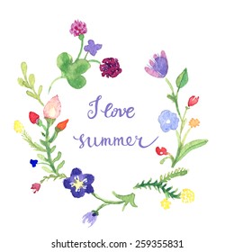 I Love Summer. Original custom hand lettering and watercolor wreath. Handmade calligraphy, vector. Illustration for greeting cards, invitations, and other printing projects.