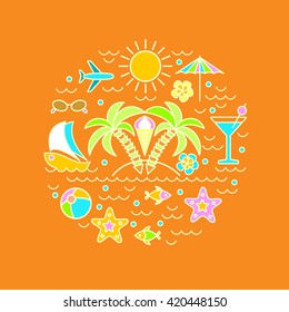 I love summer, palm trees, vector summer and vacation poster or print for t-shirt in trend linear style on orange background  - illustration with  icons