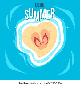 love summer poster with flip flop and beach background