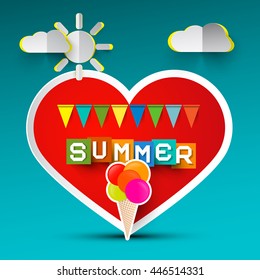 Love Summer Red Heart and Ice Cream. Vector Paper Cut Clouds and Sun on Blue Background.