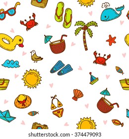 I love summer. Seamless summer pattern with hand drawn beach icons. Vector beach background. Summer print. Vector illustration