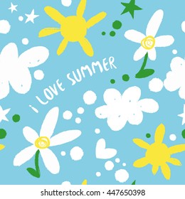 I love summer. Seamless pattern with sun, chamomile, clouds and hearts.