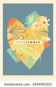 Love summer seasonal sale banner or greeting card design template. Big heart with flowers and plants creative vector graphic. Floral summer design.