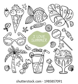 I love summer set of hand drawn drink, palm, ice cream, sunglasses, fruits, candies, tropical leaves on white background. Vector illustration collection
