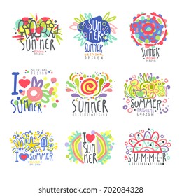 Eu adoro o conjunto de verão etiqueta de design original. Viagem de verão, mar, praia, férias, aventura colorido mão desenhada logo vetor Ilustrações