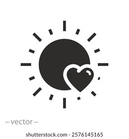 love summer, shape heart with sun icon, warm emotion, flat vector illustration