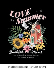 love summer slogan with colorful garden and windmill hand drawn graphic vector illustration