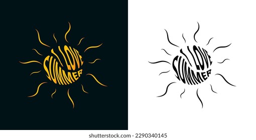 I love summer, sun shape lettering text. Hand drawing calligraphy black and yellow color. Creative design for label, poster, Sticker, banner, flyer, Postcard, Invitation, Poster and other. Vector