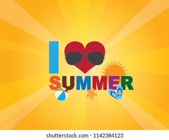 I Love Summer text with heart beach ball starfish flip flop beach scene on Sun Rays Background vector Illustration