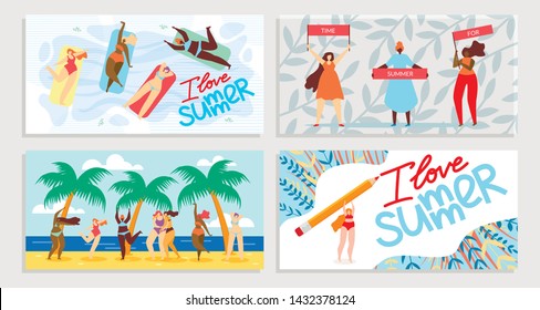 I Love Summer, Time for Summer Vector Illustration. Group Girls Swim on Inflatable Mattresses in Pond. Women in Bathing Suits Enjoy Life and Dance on Beach Near Palm Trees Cartoon.