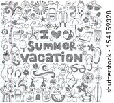 I Love Summer Vacation Tropical Hand-Drawn Lettering Sketchy Notebook Doodles with Palm Tree, Hibiscus Flower, Sunglasses, Flip-Flops, Sandcastle- Vector Illustration on Lined Sketchbook Paper