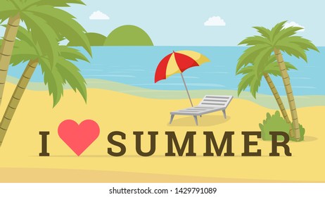 I love summer vector postcard template. Seaside resort with deck chair, beach umbrella promotional poster layout. Travel agency advert, trendy photoshoot location, photozone idea with heart symbol