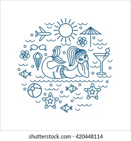 I love summer, vector summer and vacation poster or print for t-shirt in trend linear style  - illustration with  icons form of a circle, monochrome