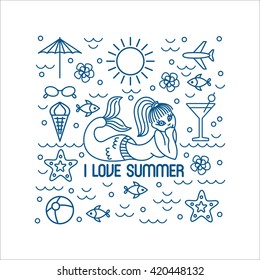 I love summer, vector summer and vacation poster or print for t-shirt in trend linear style  - illustration with icons and sign monochrome