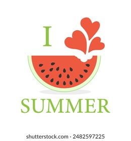 I love summer and watermelon. A stylish vector for your design. Vector background with watermelon, hearts and lettering.