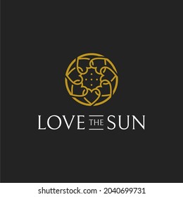 Vector con logotipo de amor y sol, logotipo de lujo de las flores solares, logotipo de amor circular y de sol