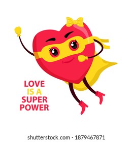 Love is a superpower. Super heart superhero. Vector illustration for wedding or Valentines Day holiday greetings and invitations, cards and posters.