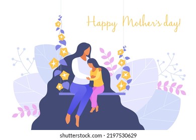 Love, support and care of mother and daughter vector illustration. Cartoon cute mom and girl hug, sitting on rope swing with flowers together background. Mothers Day celebration, greeting card