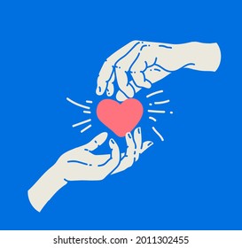 Love support couple relationships concept and man hand   woman hand silhouettes holding red heart isolated blue background  Vector illustration
