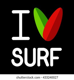 I love surf concept with letters and two surfboards in the shape of heart. Isolated on white.