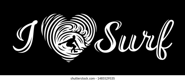 I love surf, surfing - t-shirt print design, vector illustrations on black background