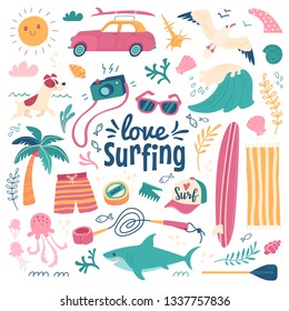 Love surfing background. Vector illustration in cartoon style of summer icons, including animals, plants and surfing equipment: surfboard, fins, leash and clothes elements. Isolated on white.