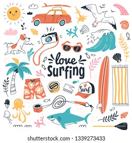 Colección de surf de amor. Ilustración vectorial en el estilo de doodle de dibujos animados de iconos de verano, incluidos animales, plantas y equipos de surf: tablas de surf, aletas, correa y elementos de ropa. Aislado en blanco.