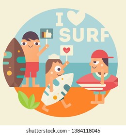 I Love Surfing Concept Poster. Funny Cartoon Surfers with Surfboard on Beach. Vector Illustration. Retro Design. Emblem for Surfing Club, Website or Online Shop of Surf Equipment.