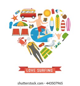 Love surfing concept. Summer vacation accessories and equipment in heart shape. Surfing travel card. Summertime sea trip items and surfing elements. Surfer man, wetsuit, surfboard, RV minivan icons.