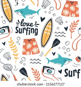 Love Surfing pattern. Vector seamless pattern with marine symbols, such as surfboard, swimming shorts, shark, shells, and seaweed in doodle style. Isolated on white.