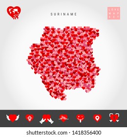 I Love Suriname. Red and Pink Hearts Pattern Vector Map of Suriname Isolated on Grey Background. Love Icon Set.