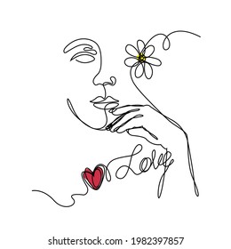 Love and Surreal Minimalistic abstract female face. Modern line drawing graphics. simple sketch for tattoo poster, print on t-shirt, home decoration, fashion print, wall art, bag