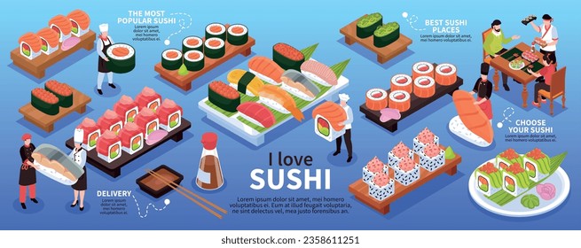 I love sushi isometric infographic with various types of maki soy sauce human characters of chefs and restaurant visitors 3d vector illustration